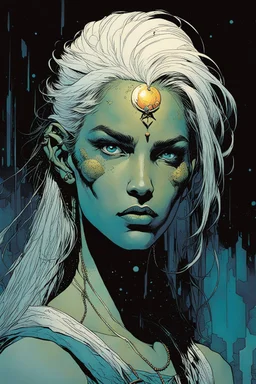 create the young female Ivrian from Ill met in lankhmar in the comic book art style of Mike Mignola, Bill Sienkiewicz and Jean Giraud Moebius, , highly detailed facial features, grainy, gritty textures, foreboding, dramatic otherworldly and ethereal lighting