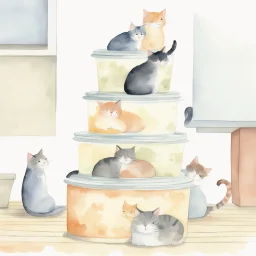 watercolor illustration of mischievous cats forming a cat pyramid to get up on a counter with "CATNIP" jar on it, cute, whimsical, by Goru Fujita