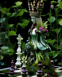 Rennasance style surreali voidcorele shamanism rennaisance floral garden chess figurine on a headdress chess portrait adorneand chess board maquette covered rennaisance style heqddress on moss covered rennasance garden chess figures maquette woman Portrait miniature chessboard headdress with rennaisace watrrfalls flows down from floral petals maquette miniature irridescent gradient aand bioluminescense green colours carnival. Style Golden rennaisance miniature garden and flowers chess board and