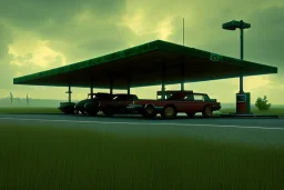 old gas station on the side of the road, countryside ,plains, atmospheric ,night lighting,rainy, realistic, unity engine, cinematic lighting,green emession, octane render.