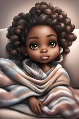 Create an airbrushed chibi cartoon of a black female laying down on the couch watching TV. She has a blanket covering her and her hair is in a hair scarf. Prominent make up with brown eyes.