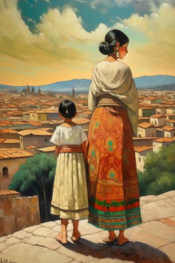 2 mexican woman painting neoclassism standing from the back whole body zoom out looking at a traditional mexican city with child