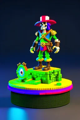 An pixel fantasy 3d model of a mini figure collectiables standing on a round podium: "PixelPirateWraith": A swashbuckling ghostly pirate, complete with pixelated peg leg, spectral parrot, and a treasure chest that emits a faint glow.