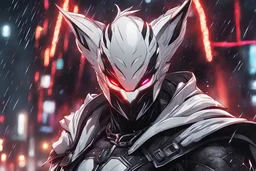 Spawn in 8k anime realistic drawing style, white fox them, close picture, rain, neon lights, intricate details, highly detailed, high details, detailed portrait, masterpiece,ultra detailed, ultra quality