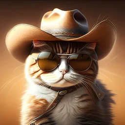 cat with sunglasses and and cowboy hat realistic cute