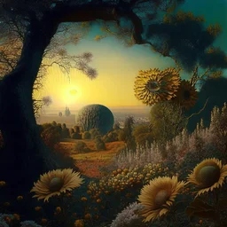 High definition photography of a marvelous landscape, trees, flowers, sun, intricate, atmosphere of a Max Ernst painting, thoughtful, interesting, a bit appalling