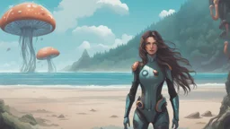 A Long-Haired Woman In A Robotic-Looking Catsuit Standing On A Beach, With Flying Mushrooms with Jellyfish Tentacles, and a crashed Spaceship lying in the water, and a Forest in the distance