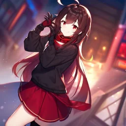 Clear focus,High resolution,High quality, Smiling, Black hoodie with a red collar, Wearing a red skirt, Wearing black long socks, Black Long hair with a ahoge, Red eyes, Wearing black gloves