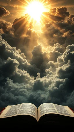 Sun light above swirling clouds, emerges from the heart of a raging storm. Turbulent winds of steam swirl around lit by shafts of sunlight that cast dramatic shadows on the A beautiful open book , High quality 16k cinematic scene and great photography