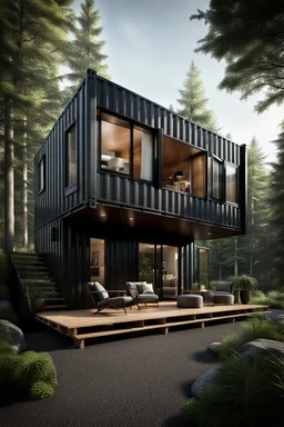 Medium-sized house in the woods made from shipping containers, photorealistic