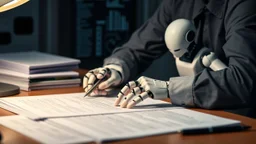 turning static documents into actionable data point ,robo upper body citting behind a desk handeling documents