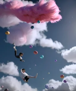 Ultra realistic speed clouds sky scene, wide angle view, strong men falling down with many Childs, circus clothing style, feather color clothing, free jumping flying, many trinkets, hair monster, many jelly beans, balls, color smoke, smile, happy, extreme, wind, clouds sea, 20,000 feet altitude, stratosphere, soft color, highly detailed, unreal engine 5, ray tracing, RTX, lumen lighting, ultra detail, volumetric lighting, 3d, finely drawn, high definition, high resolution.