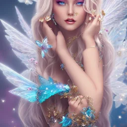 Fantasy cute fairy with wings, smiling, make up, long blond platinum hair, blue eyes, crown, beautiful dress, flowers in background, HQ