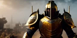 apocalypse, chaotic, magnificent, realistic, colorful, massive, epic, ray tracing, cinematic, 8k, HD, Ultra High Definition, photo film, film grain, hyper-detailed, old tarnished ornate rusty Hyper detailed Gold Gothic Medieval Knight helmet with clear glass visor covering face and matching suit of armor