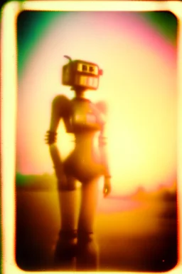 steampunk, vintage analog polaroid of a woman robot, female body, fog, lomography, heavy film grain, sunset, color bleed, depth of field, bokeh, retro