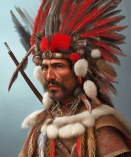 Guaicaipuro, native south american face, Muscular warrior, three red feathers headdress, holding spear