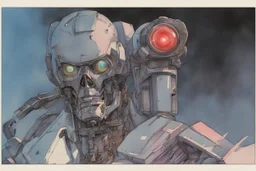 retro anime style, full color, dark serious 1980s anime terminator like robot, moebius artist, magic, watercolor,