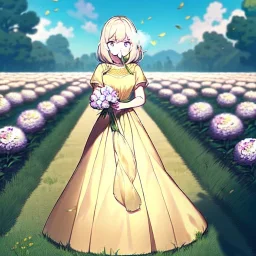 anime girl holding on to a dried dandelion flower and blowing the dried seeds into the air as the wind carries them away. outdoors scene.anime girl standing in a meadow of flowers. thw wind is blowing flower pedals into the wind. girl wearing yellow dress. more emphasis on seeds floating in the air. lots of seeds floating the air