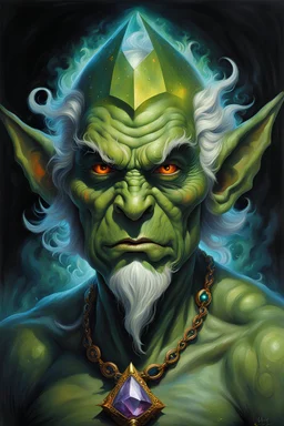 Portrait of a larger than life, mountainous goblin sorcerer, with a colored gem on his forehead, green skin, in the style of Artwork by Albert Lynch, sinking deep into bittersweet melancholia, dark angry eyes, alex grey, sense of awe, pale skin, night, dark twisted fantasy, macabre fine art