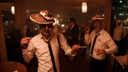 half human half mushroom hybrid men smoking many cigars while dancing in hotel romo