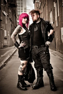 young 33 year old chubby tatood girl and a 25 years old boy, dressed in gothpunk clothing and boots,