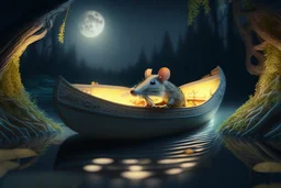 strong mouse in cheese boat, in moonlit forest by stream, book illustration, fine detail, 4k, trending, volumetric light, depth of field