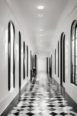 long corridor with arched windows, floor made of black-and-white matt ceramic plates, white curtains
