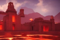 Incan architecture, city, red glow, atmospheric, realistic, unreal engine, cinematic lighting, octane render.