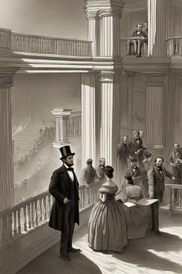 llustrate the presidential box on the balcony level, portraying Abraham Lincoln, his wife, and their guests as they enjoy the play. Highlight the vulnerability of Lincoln without proper security, setting the stage for the impending tragedy