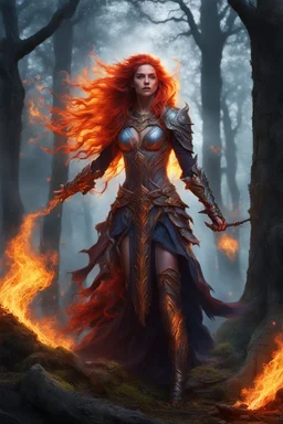 Capture the essence of a blazing twilight in a secluded woodland where a fierce female Paladin Druid, with long fiery hair and eyes reflecting the intensity of her power, stands amidst ancient trees. With outstretched hands ablaze, she conjures vibrant flames, her scarred face telling a tale of battles fought, all against the backdrop of her dark, mystical skin.