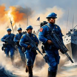 the Marines are portrayed with a sense of timeless coolness and a touch of enigmatic allure. The canvas comes alive with bold colors and striking contrasts, capturing the essence of these warriors as they deploy with warships, ready to fulfill their duties of shipboard security and combat.