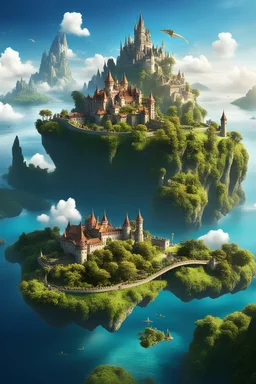 Fantasy World floating in the sky with islands connected with bridges with Islands floating with a City with Alot of Islands with Castle in background with alot of Dragons