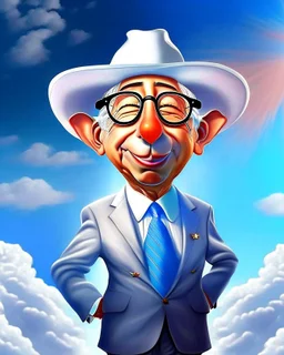 Cartoon of expresident Alvaro Uribe Vélez full body big white hat 4k shirt pants and shoes rat ears rat nose circular glasses grotesco light blue sky big hat