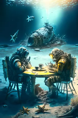 2 divers in full gear sitting at a round table having tea, the table is on the bottom of the in the dried out sea, around them are shattered dead fish, dead starfish, ship reck, 8 k realistic