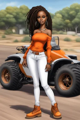 Create a digital airbrush cartoon of a curvy African American female wearing tight white jeans and a off the shoulder orange blouse. She is also wearing timberland boots. Prominent make up with hazel eyes. Highly detailed very long extremely dread locs black hair. Her skin is smooth and silky. Background of a track of ATV riders.