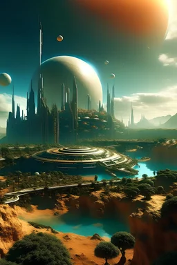 Une planète vierge comme Mars habitée par l'homme avec des plantations, et des villes futuriste et un GRAND VAISSEAU FUTURISTE en premier plan