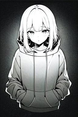 thoughtful girl in a loose sweatshirt, line arts, greyscale,