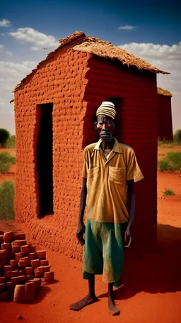 Sudanese man farming, brick house on farm