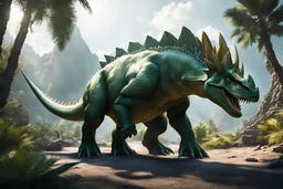 hulking dinosaur monster with grasping hands, tail like a stegosaurus, and a triceratops like head in 8k