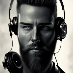 DJ cyborg short bearded 40 years of age fit Christian Boshell with headphones. sin city style, cinematic art, Dark moody atmosphere, similar to a Caravaggio art direction, close-up face