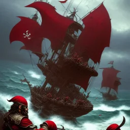 11 pirate warriors in dark red armor, charging off their ship onto the beach, a highly detailed illustration, background of giant crashing ocean waves, realistic render, 8 k, micro detail, intricate, elegant, centered, digital painting, Artstation, smooth, sharp focus, illustration, artgerm, tomasz alen kopera, peter mohrbacher, donato giancola, joseph christian leyendecker, wlop, boris vallejo