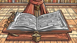comic style1 singular Book lying with a cover on table the cover depicting a woman, medieval grimoire, no people, no cluter