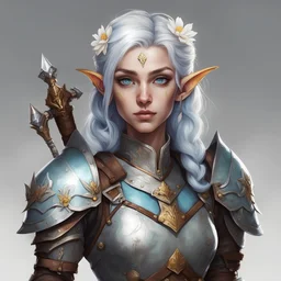 Generate a dungeons and dragons character; a female elf charlatan . She has silver white flower hair and goldish blue eyes . She has a pretty doll face. she is wearing leather armor and has a light crossbow