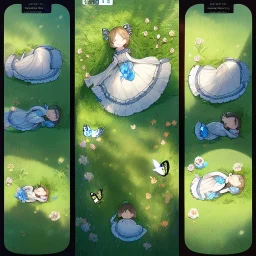 tiny anime girl sleeping in the distance, laying down in a field of flowers, underneath a willow tree, with a butterfly on her nose, hand detail looks human.zoom out. zoom out