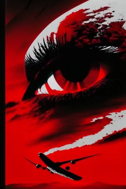 red eye, landing plane, wes craven, movie poster, bizarre, horror, surreal, colors white, red, black