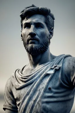 Ultra Realistic image, roman sculpture, deluxe white marble material, Lionel Messi, laurel crown, Renaissance style, miguel angel style, chisel style, emperor, waist up portrait, epic, celestial, cinematic lighting, God light, god rays, 4k resolution, smooth details, ornate details, unreal engine 5, blue vibrant background.