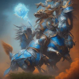 angry stallion in Blue and orange battle armor, bucking, a highly detailed illustration, background of Inka jungle, realistic render, 8 k, micro detail, intricate, elegant, centered, digital painting, Artstation, smooth, sharp focus, illustration, artgerm, tomasz alen kopera, peter mohrbacher, donato giancola, joseph christian leyendecker, wlop, boris vallejo