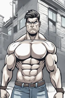 a cartoon muscular young man with a look of contempt on his face