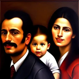 portrait of Jacobo Santiago Mozos born in 1976 and Gemma Arnau Arnau born in 1979,and daughters Eira Santiago Arnau and Dalia Santiago Arnau by Caravaggio,smiling, oil on canvas, cinematic composition, extreme detail,8k,fit full head inside picture,