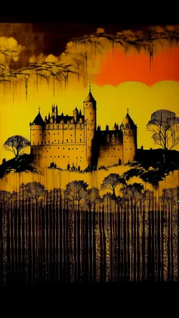 A golden kingdom with a castle designed in Australian aboriginal art painted by Andy Warhol